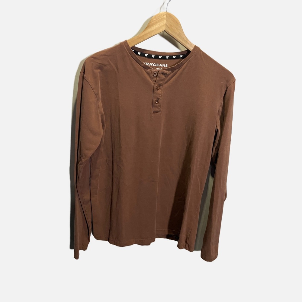 XRAYJEANS Mens Long Sleeve Henley Shirt Brown Premium Cotton‎ Stretch Medium